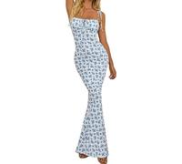 KEKUBUWE Robe Longue Moulante à Fleurs d'été pour Femmes, Spaghetti Strap Floral Sexy Dos Nu Slip Robes Longues (Sky Blue,M)