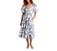 KEKUBUWE Robe midi à Manches Bouffantes, Robe Longue de Plage à Volants pour Femmes, Tenue d'été décontractée, Fluide, Florale, avec Poches (White+Blue,XL)