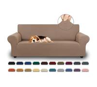 KEKUOU Housse de canapé extensible pour canapé à 3 coussins, protection de meubles avec base élastique - Pour enfants, chiens - Jacquard à petits carreaux - taille L, beige 201 à 239 cm