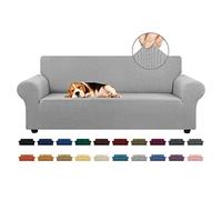 KEKUOU Housse de Sofa Extensible pour canapé 3 Places (200,7 à 238,8 cm), avec Base élastique - Jacquard à Petits Carreaux - pour Enfant, Chien (Taille L, Argent)