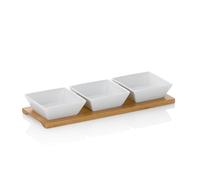 Kela 12261 Set Apéritif 3 Coupelles Carrées en Porcelaine, Plateau en Bambou 33,5x12x5 cm, 'Philipa', Blanc
