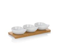 kela 12260 Set Apéritif 3 Coupelles Virgules en Porcelaine, Plateau en Bambou 26x10x4,5 cm, 'Philipa', Blanc