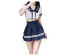 Kelandoom Costume Écolière Femme Sexy Plissée Bleu Marine Tenue Cosplay Anime Étudiante Carnaval Halloween Ensemble De Lingerie Intérieure Uniforme Robe avec Tablier en Dentelle Soubrette