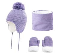 Kelandoom D'Hiver Enfant Bonnet Avec Cache-Oreille Écharpe Gants 3 En1 Enfants Ensemble Echarpe Tour De Cou Fille Hiver Polaire Gant Garcon Accessoires Set Pour Garçon (Light Violet,4-6 ans)