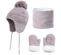 Kelandoom D'Hiver Enfant Bonnet Avec Cache-Oreille Écharpe Gants 3 En1 Enfants Ensemble Echarpe Tour De Cou Fille Hiver Polaire Gant Garcon Accessoires Set Pour Garçon (Grey,4-6 ans)