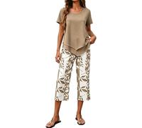 Kelandoom Ensemble 2 Pièces pour Femme avec Haut Asymétrique À Manches Courtes Et Pantalon Capri Décontractée Chic Et Élégant Tenue Tunique pour L'Été, Les Vacances Un Usage Quotidien S-5XL