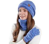 Kelandoom Ensemble Bonnet Echarpe Gant Homme Velours Gants Cache Cou Oreilles Col Roulé Femme Tour De Respirante Vélo Masque Couvre Cadeau Pour Sports Plein Air D'Hiver (Bleu,Taille unique)