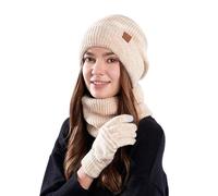 Kelandoom Ensemble Bonnet Echarpe Gant Homme Velours Gants Cache Cou Oreilles Col Roulé Femme Tour De Respirante Vélo Masque Couvre Cadeau Pour Sports Plein Air D'Hiver (Beige,Taille unique)