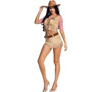 Kelandoom Halloween Carnaval Noël Noel Costume Western Pour Femme 5 Pièces Tenues Halloween Ensemble De Costumes À Franges Hippie Des Années 70 (Khaki, L)