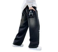 Kelandoom Jean Baggy Ado Garcon Pantalon Blanc 4 Ans en Droit Coupe Ample Taille Élastique Loose Taper Fit Jeans Garçon Authentic Straight 16 Années 90 Hip Hop Streetwear (Le Noir,11-12 Ans)