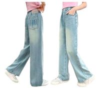 Kelandoom Jean Fille 5-14 Ans Pantalon Denim Large Enfant Taille Élastique Streetwear Hippie Jambes Larges pour Short en 6 Printemps Automne 120-170 Denim Pantalon (Marine,10-11 Ans)