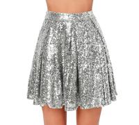 Kelandoom Jupe Short Paillette Été A-Line Élégant Taille Elastique Longue Jupon Tulle Sequins Jupes Sexy Robe De Danse Maxi Gonflées Carnaval Carnival Danser Cadeau (Argent,40)