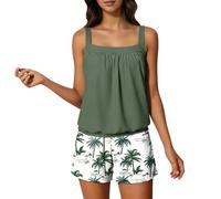Kelandoom Maillot De Bain Femme 2 Pieces Haut Tankini Push-Up avec Jupette Une Pièce Short Intégré Swimsuit Imprimé Motif Maillots Col en V Festonné Deux Pièces Modeste (Vert#1,5XL)