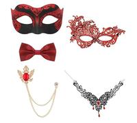 Kelandoom Masques En Dentelle Pour Bal Masqué Masque Avec Bâton Vénitien Filigrane Métal Brillant Et Strass Homme Blanc À Décorer De Mascarade Carnaval Déguisement Femme(Rouge)