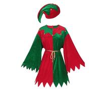 Kelandoom Noël Elfe Costume Adultes Ensemble Complet,Noël Robe De Soirée Costumes Père Déguisement Mère Noel Classique Noels Velours Vêtements D'Elfe Fête Lutin Farfadet (A1-Vert,3XL)