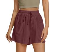 Kelandoom Pantalon Coton Lin Femme Elégante Shorts Été Chic Fluide Ample Leger Élastique D'Été avec Cordon De Serrage Bermuda Taille Elastique Haute Short Blanc Mode (Vin,L)