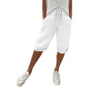 Kelandoom Pantalon Fluide Femme Été Coton Lin Pantalons Taille Haute Elastique Shorts Plage Ample Leger Pantacourt Palazzo Pants Jambe Large Droit Noir Ete pour Vacances (Blanc,3XL)