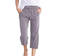 Kelandoom Pantalon Lin Femme Décontracté avec Poche Ample Leger Pantacourt en Coton Léger Poches Palazzo Pants Jambe Large Droit Grande Taille pour Plage Vacances Cadeau (Grey,S)