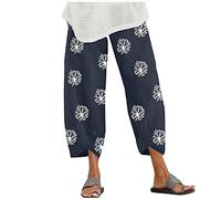 Kelandoom Pantalon Lin Femme Été Taille Élastique Short en Blanc Haute Elastique Pantacourt Ample Palazzo Pants Jambe Large Droit Noir pour L'Été Et La Plage Cadeau (Bleu foncé,XL)