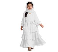 Kelandoom Robe De Prière Musulmane À Manches Longues Abaya pour Filles Garçon Caftan Priere Islamique Vêtement Musulman Moyen-Orient Boubou Djellaba Enfant Thobe Ramadan (Blanc,7-8 Ans)