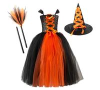 Kelandoom Robe Halloween Enfant Fille,Deguisement Bebe Fille Bébé Mon 1Er Costume Sorcière Gothique My First Tenues Blanche Lot Chapeau Sorciere Sorciere Dress avec Chapeau (Orange-B,4-5 Ans)