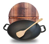 Keleday Wok en fonte de 35,6 cm avec couvercle, poêle à frire antiadhésive et poêle à frire pour toutes les cuisinières, y compris l'induction, le gaz, l'électricité, le four