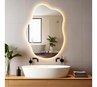 Keleef Miroir mural avec éclairage, 70 x 50 cm, miroir de salle de bain LED, design nuage, avec lumière et affichage de l'heure à 3 couleurs, anti-buée, éclairage intelligent à intensité variable pour