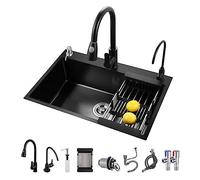 KELINGOUD Évier de cuisine noir, en acier inoxydable - 1 cuve, évier de travail Drop-In/Topmount avec accessoires déplaçables, évier de travail de ferme avec plusieurs accessoires (55x45cm)