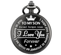 Keller & Weber Montre de Poche à Quartz gravée « My Son I Love You » avec chaîne, Cadeau d'anniversaire, de Noël pour Fils de la Part de Papa Maman, Montre Gousset à Pendentif, Noir