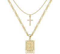 KELORIS PATH Collier ras du cou avec initiale superposée en or 14 carats avec pendentif en forme de lettre carrée de A à Z - Bijoux capitaux pour femmes et filles, 3 cm x 1.8 cm, Acier inoxydable