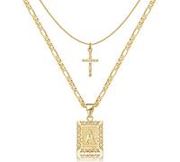 KELORIS PATH Gold Layered Initial Cross Necklace, 14K Gold Plated Layering Square Letter Pendant Figaro Chain Cross Choker from A-Z Capital Jewelry for Women(Letter A)