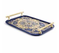 Kelqo Plateau de Service rectangulaire en métal 39 x 28 x 5 cm, décor Oriental Bleu, poignées dorées texturées