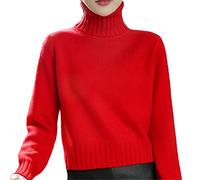 Kelsiop Pull à col roulé 100 % laine cachemire pour femme - Tendance - Chaud - Bas tricoté, Rouge, M