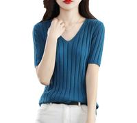 Kelsiop Pull D'été en Coton À Manches Courtes pour Femmes, Col en V, Tricot Ample, Haut De Couleur Unie, Décontracté, Mode, T-Shirt À Manches Mi-Longues