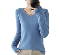 Kelsiop Pull en cachemire 100 % laine pour femme Col en V Automne et Hiver Décontracté Tricot Top Manteau, bleu, M