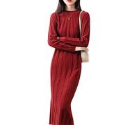 Kelsiop Robe longue pour femme 100 % laine Pull mode hiver tricot manches longues, bordeaux, XL