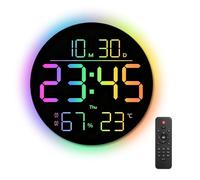 Keltorio Horloge murale numérique 25,4 cm avec veilleuse, télécommande et alarme, 9 couleurs RVB, affichage de la température, date, jour de la semaine et luminosité automatique, horloge murale