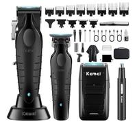 KEMEI Tondeuse à cheveux professionnelle pour homme, sans fil, rasoir de coiffeur, rasoir en feuille de nez, sourcils, oreilles, kit de 11 peignes guide