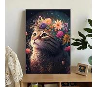 KEMEIQI Affiche d'animal mignon, chat et fleur, chat portant un casque, peinture sur toile, impression murale pour salon, décoration de la maison, 50 x 70 cm, sans cadre