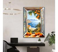 KEMEIQI Affiche familiale avec fenêtre ouverte, impression sur toile, vue sur la côte de la mer Méditerranée, oranger, décoration de salon, 50 x 70 cm, sans cadre