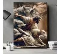 KEMEIQI Affiche imprimée sur toile représentant Jésus-Christ protégeant le troupeau, style vintage loup et mouton, décoration murale pour salon ou chambre (30 x 50 cm)