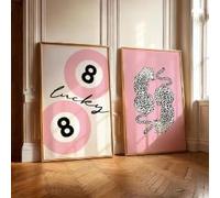 KEMEIQI Affiche murale rose clair rétro avec boule de billard n° 8, imprimé guépard rose, boule de piscine rétro, décoration imprimable pour dortoir (30 x 50 x 2 cm/cadre)