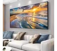 KEMEIQI Affiche sur toile à petit prix représentant un coucher de soleil moderne sur la plage, des vagues et des mouettes, idéale pour décorer une chambre ou un salon (70 x 110 cm).