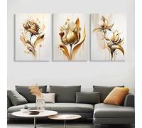 KEMEIQI Affiches d'art floral doré, décorations murales de roses dorées, tulipes et lys sur fond blanc, impressions de fleurs abstraites (40x60cmx3/sans cadre)
