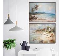 KEMEIQI Affiches vintage sur toile représentant une île côtière, une plage, un bateau, un paysage, une peinture murale, décoration de salon (20 x 30 x 2 cm/cadre)