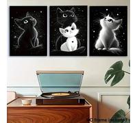 KEMEIQI Ensemble de 3 tableaux modernes de chats noirs et blancs, en toile 2D plate, idéal pour la décoration du salon (60 x 90 cm x 3 / sans cadre).
