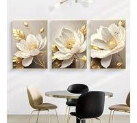 KEMEIQI Ensemble de 3 toiles décoratives élégantes à motifs floraux dorés, 2D, pour salon ou cuisine, style luxueux blanc et doré (70 x 100 cm x 3 / sans cadre)