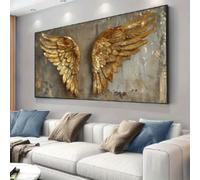 KEMEIQI Grande toile avec ailes d'ange dorées, texture vieillie, décoration murale élégante pour salon et chambre à coucher, décoration moderne, 70 x 140 cm, sans cadre