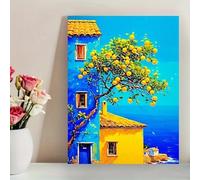 KEMEIQI Impression sur toile de paysage méditerranéen, affiche artistique de maison et d'arbre fruitier, décoration murale créative pour salon, chambre à coucher 60 x 90 cm, sans cadre