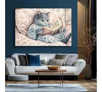 KEMEIQI Impression sur toile représentant un chat bleu à fleurs, une affiche amusante pour lire un livre, pour le salon, la chambre à coucher, la décoration intérieure (70 x 100 cm)